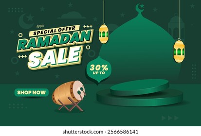 ramadan sale discount template banner with 3d podium copy space for product sale with abstract gradient green background design