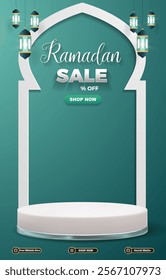 ramadan sale discount template banner with 3d podium for product sale with blue background design 02