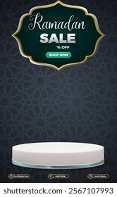 ramadan sale discount template banner with 3d podium for product sale with black background design 02