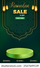 ramadan sale discount template banner with 3d podium for product sale with green background design 02