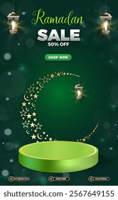 ramadan sale discount template banner with 3d podium for product sale with green background design 04