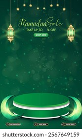 ramadan sale discount template banner with 3d podium for product sale with green background design 07