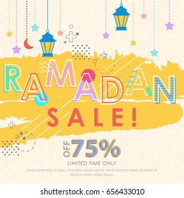 Ramadan Sale flyer with islamic lantern and retro style on yellow background. Editable Ai10.