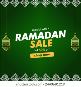 Ramadan Sale Green vector banner and post. Ramadan Kareem Sale SHOP NOW. Editable vector file.