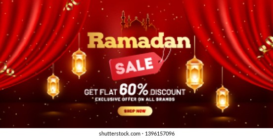 Ramadan Sale header or banner design with 60% discount offer and hanging illuminated lanterns on brown background.