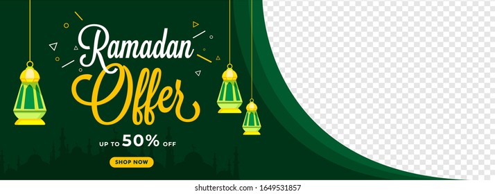 Ramadan Sale Header Or Banner Design With 50% Discount Offer And Hanging Lanterns Decorated On Green And Png Background.