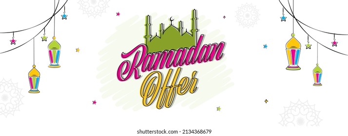 Ramadan Sale Header Or Banner Design With Flat Mosque, Hanging Stars And Lanterns Decorated On White Mandala Background.