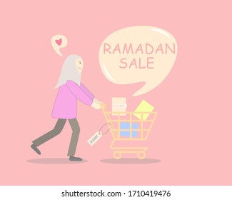Ramadan sale. Human design is flat. Women wearing hijab are shopping. Discounts in blessing month