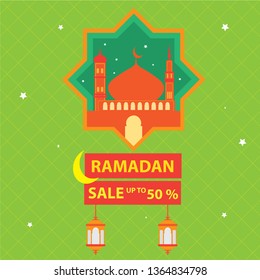 Ramadan sale illustration with mosque. Beautiful ramadan Kareem Sale Design Vector. Ramadan kareem big sale. Modern template design vector. Suitable for Greeting Card, Poster and Banner