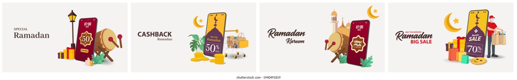 Ramadan Sale illustrations. Bundle set. Collection of web header or banner design with crescent moon and flat 50% off offers on floral pattern background.. Trendy vector style
