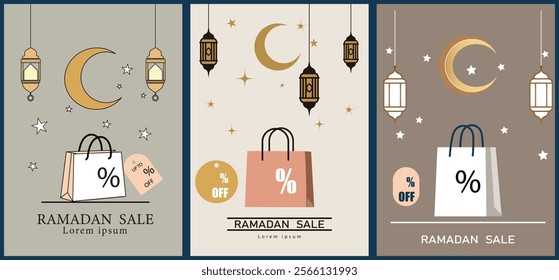 Ramadan sale illustrations with crescent moons, lanterns, shopping bags, and discount tags.For banners, flyers, social media ads, brochures, and posters promoting festive discounts and Ramadan offers.