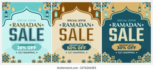 Ramadan sale, Islamic ornament template for background, banner, poster, cover design, envelope, social media feed. Ramadan Kareem and eid mubarak 2023 greeting concept