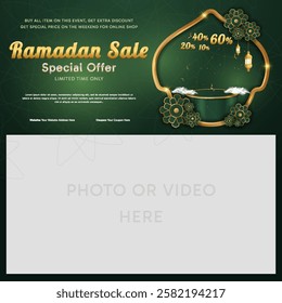 Ramadan sale islamic theme background. Advertising a discount, clearance sale, or special event, our flash sale banner template for video frame promotion or digital marketing on social media.