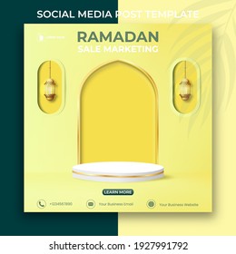 ramadan sale marketing banner. Editable social media post template. 3d Ramadan Kareem design with podium and lanterns.