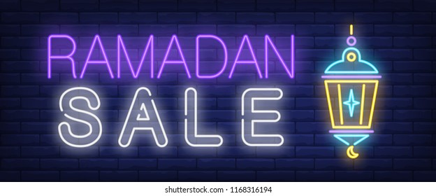 Ramadan Sale neon sign. Glowing bar lettering and lantern on brick background. Night bright advertisement. Vector illustration in neon style for religion and retail