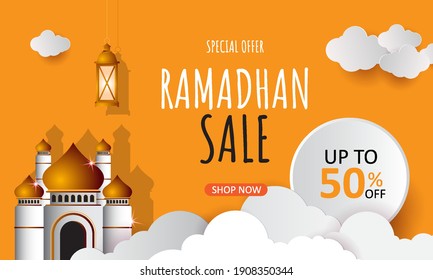 Ramadan sale offer banner paper style yellow background with lantern, mosque, and clouds. Template design for promotion poster, cashback, discount, voucher, greeting card. Vector illustration