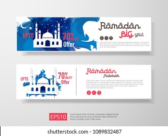 Ramadan sale offer banner set design. Promotion poster, voucher, discount, label, greeting card of Ramadan Kareem and Eid Mubarak celebration. blue watercolor background vector illustration