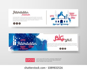 Ramadan sale offer banner set design. Promotion poster, voucher, discount, label, greeting card of Ramadan Kareem and Eid Mubarak celebration. blue watercolor background vector illustration