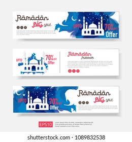 Ramadan sale offer banner set design. Promotion poster, voucher, discount, label, greeting card of Ramadan Kareem and Eid Mubarak celebration. blue watercolor background vector illustration