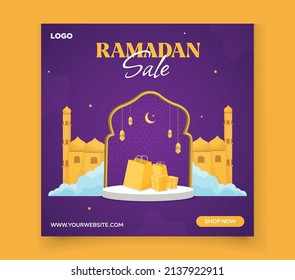  Ramadan sale offer Promotion banner template design with moon and lantern violet background. Promotion post, sale post, voucher, offer 
