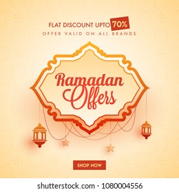 Ramadan Sale Offers Banner Design With Stylish Text And Hanging Lanterns, And Stars On Beige Background.