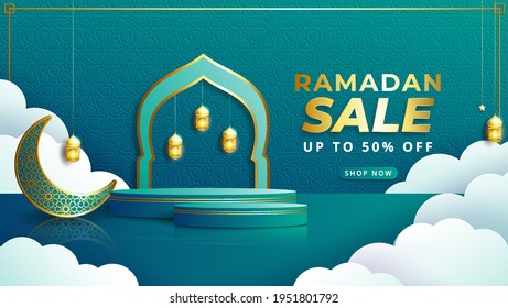 Ramadan sale podium, web header and banner design with hanging intricate lanterns, poster, ramadan greeting Card Illustration, background, flyer, illustration, brochure and sale background