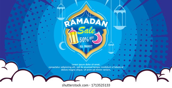 ramadan sale with Pop art comic background with cloud Cartoon Vector Illustration on blue