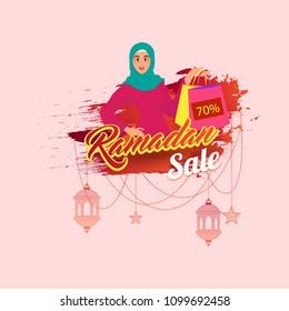 Ramadan sale, poster, banner or flyer design with Islamic girl holding bag. 