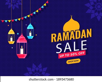 Ramadan Sale Poster Design With 50% Discount Offer And Lit Candle Inside Lanterns Hang On Blue Islamic Pattern Background.