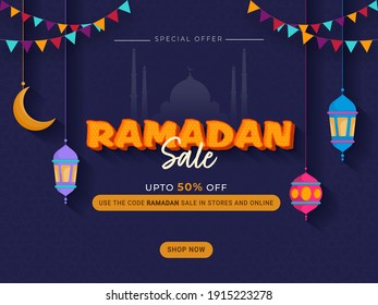 Ramadan Sale Poster Design With 50% Discount Offer, Crescent Moon And Lanterns Hang On Blue Mosque Islamic Pattern Background.