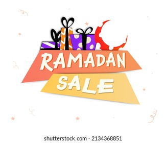 Ramadan Sale Poster Design With Gift Boxes, Crescent Moon And Stars On White Background.