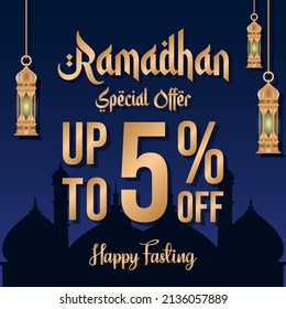 Ramadan sale poster promotion, Special offer up to 5% off with lanterns and landscape mosque. Islamic background. Flat illustration. Vector Illustration.