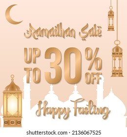 Ramadan sale poster promotion, Special offer up to 30% off with crescent moon, lantern, and landscape mosque. Islamic Background. Flat Illustration. Vector Illustration.