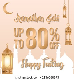 Ramadan sale poster promotion, Special offer up to 80% off with crescent moon, lantern, and landscape mosque. Islamic Background. Flat Illustration. Vector Illustration.