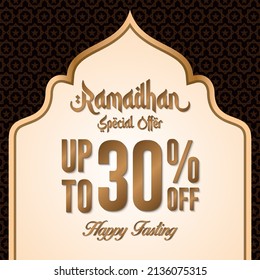 Ramadan sale poster promotion, Special offer up to 30% off with gold color. Islamic Background. Vector Illustration.