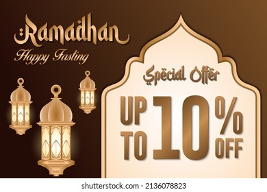 Ramadan sale poster promotion, Special offer up to 10% off with lantern, and landscape mosque. Islamic Background. Flat Illustration. Vector Illustration.