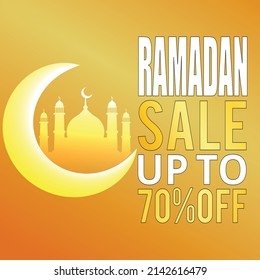 Ramadan sale poster promotion, Special offer up to 70% off with moon and landscape mosque. Islamic background. Flat illustration. Vector Illustration.Ramadan Sale, web banner design with beautiful
