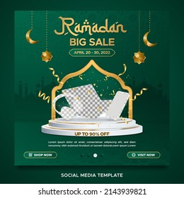 Ramadan sale promo square banner template with podium