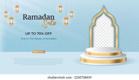 Ramadan sale promotion poster banner with a podium for display product. Realistic ramadan kareem sale banner with 3D podium. Vector illustration