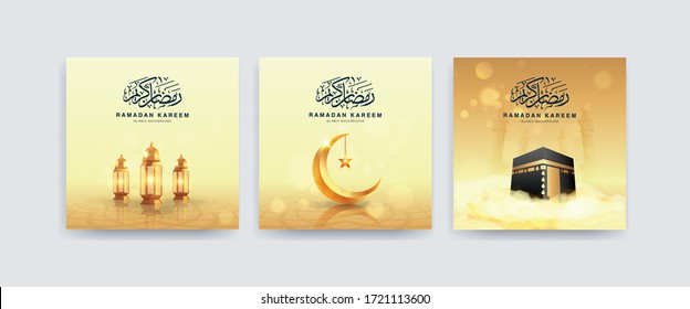 Ramadan Sale promotional cards set. Ramadan kareem special offer templates with 3d realistic of lantern, crescent moon and ka'ba for business, shopping, promotion and advertising.