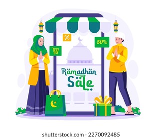 Ramadan Sale and Shopping illustration. Muslim man and a woman near a giant smartphone. Ramadan Kareem and Eid Mubarak E-commerce concept vector illustration