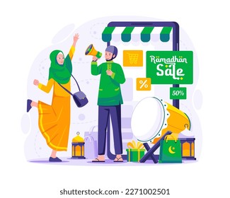 Ramadan Sale and Shopping illustration. A Muslim man is doing a promotion using a megaphone near a giant Smartphone. Ramadan Kareem and Eid Mubarak E-commerce concept vector illustration