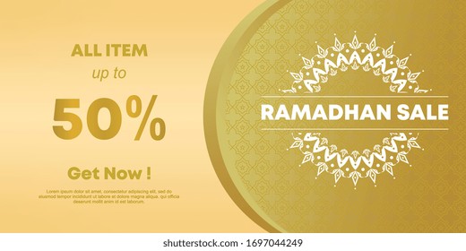 Ramadan sale social media banner design, vector illustration. Promotion template for Islamic community, gold colors.