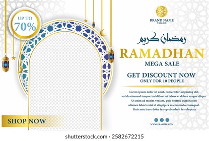 Ramadan sale social media, banner discount template design for business promotion with ornament and challigraphy
