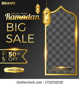 Ramadan sale social media golden banner ad template post. Editable vector illustration.