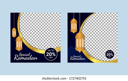 Ramadan sale social media and marketing post. Social media banner template. Ramadan social media post template with blank areas for images or text