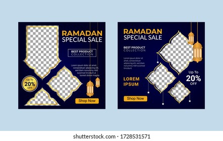 Ramadan sale social media and marketing post. Social media banner template. Ramadan social media post template with blank areas for images or text