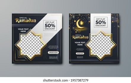 Ramadan sale social media and marketing post. Social media banner template. Luxury Ramadan template with blank areas for images or text.