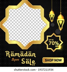 Ramadan sale social media post template banner, gold lantern, with space photo. 70% off. marketing concept. Suitable for social media post and web internet ads. Editable vector illustration.