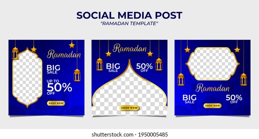 Ramadan sale social media post banner promotion template. With blue gradient background.